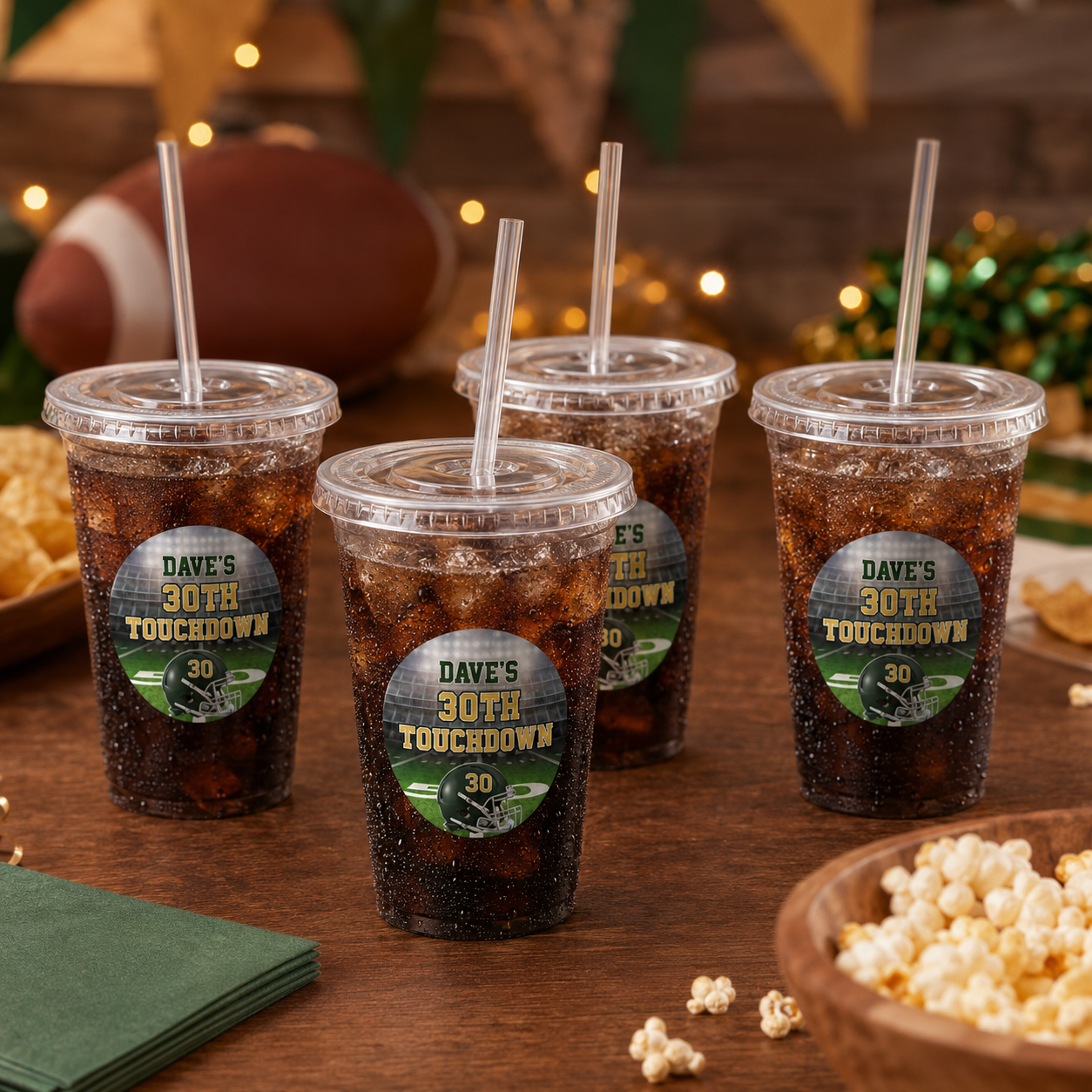 Green and gold personalized clear football cups for Daves thirtieth birthday touchdown celebration