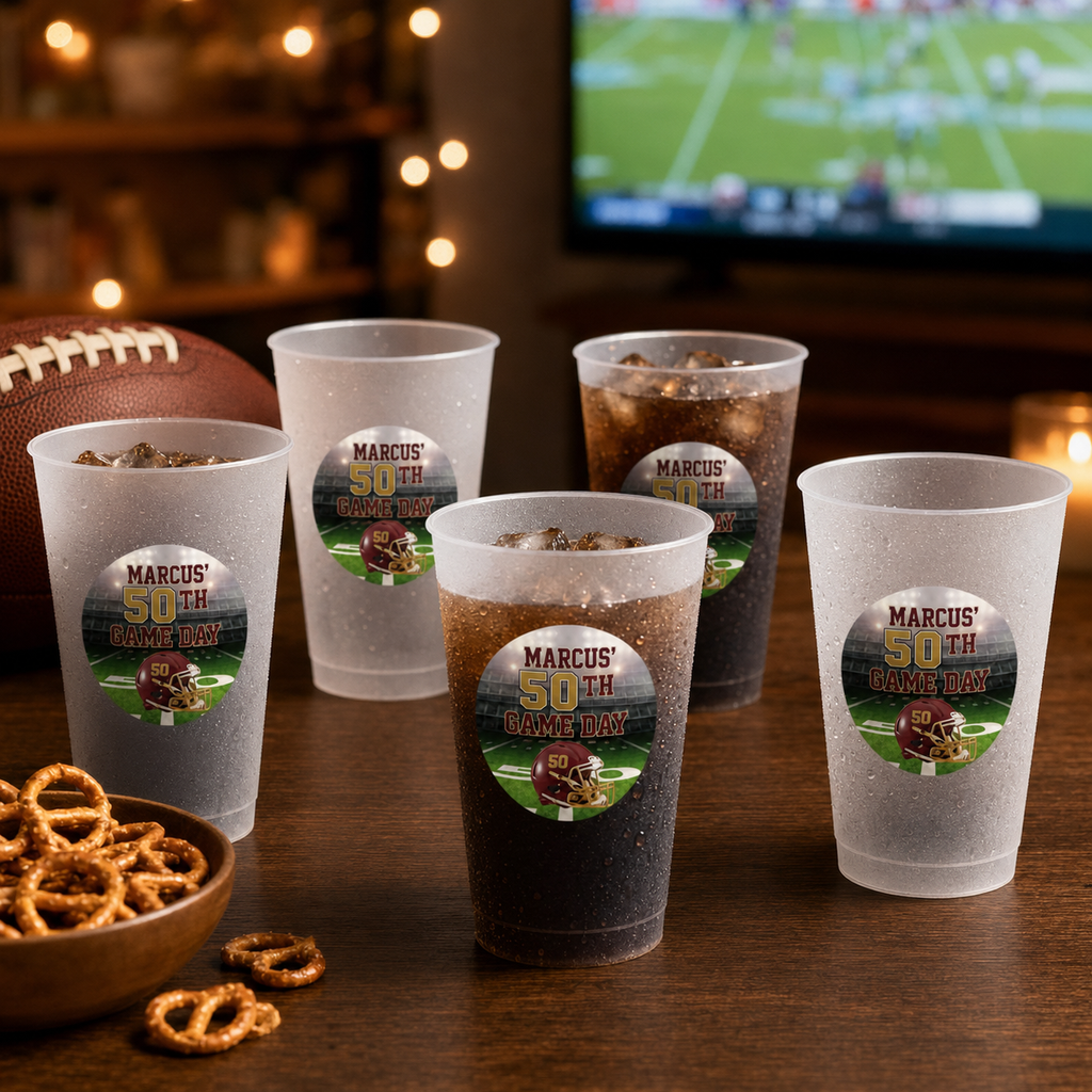 Burgundy and gold personalized frosted flex cups for Marcus fiftieth birthday football celebration