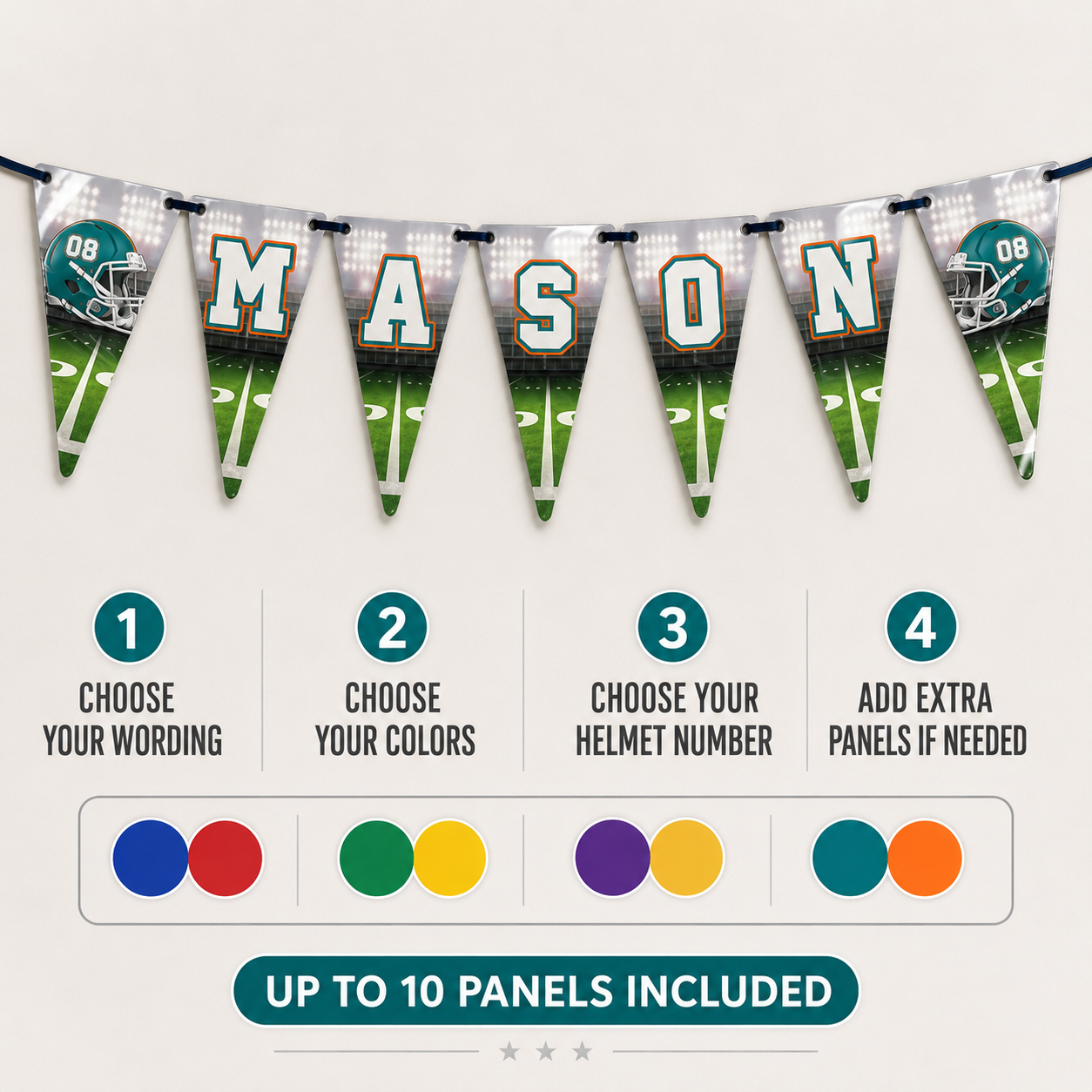 Football party banner personalization guide showing custom wording, team colors, helmet number and optional extra panels.