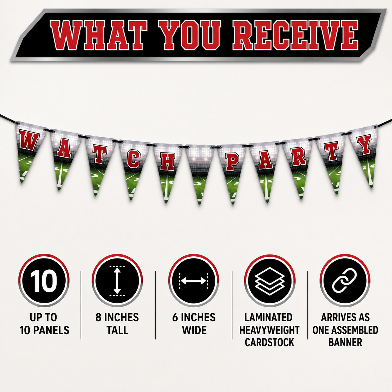 Football party banner details showing up to 10 panels, 8-inch height, 6-inch width, laminated cardstock and assembled delivery.