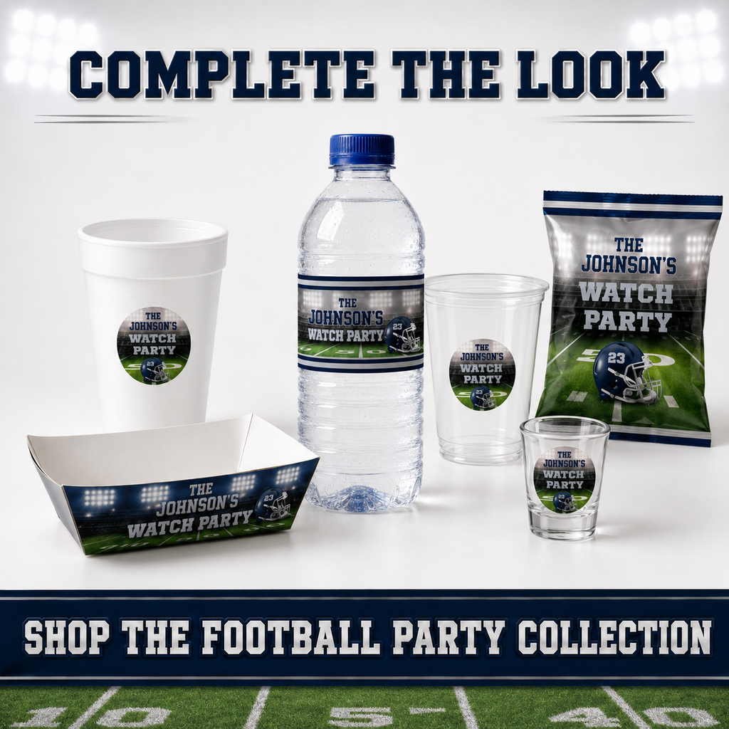 A coordinated set of football-themed party tableware and a water bottle label shown on a white studio background with promotional text. The items include a white styrofoam cup, a clear plastic cup, a clear shot glass, a clear water bottle with a printed label, a paper tray, and a bag of chips, all featuring the same football field and helmet graphics with the text 'THE JOHNSON'S WATCH PARTY'.