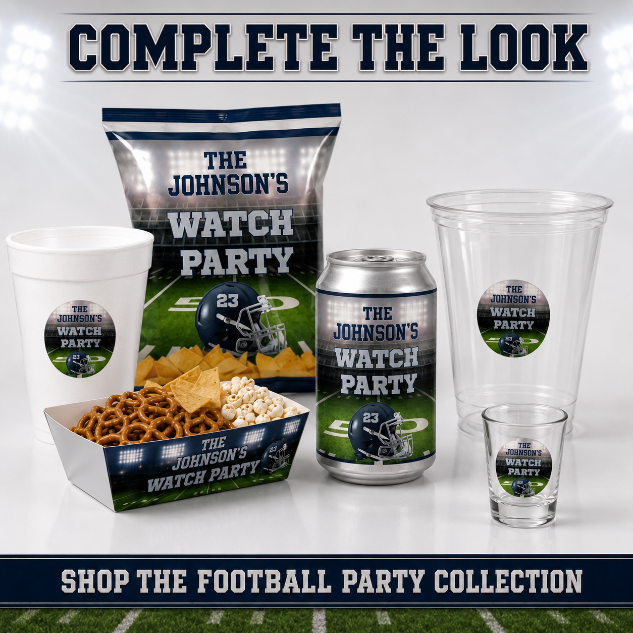 Coordinated football party products featuring a labeled soda can, foam cup, flex cup, shot glass, food tray and chip bag.