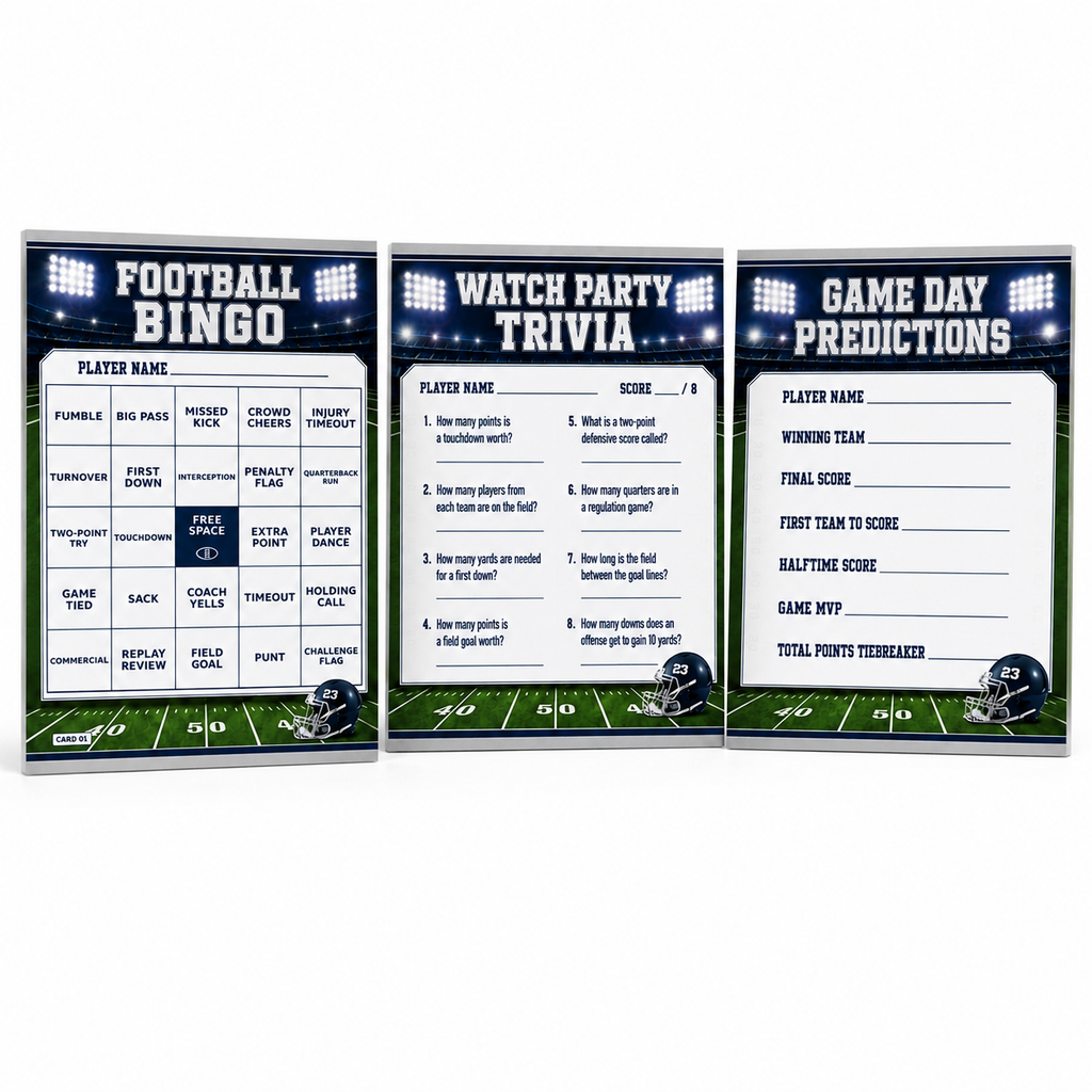 Three football-themed party game boards shown together on a white background: Football Bingo, Watch Party Trivia, and Game Day Predictions.