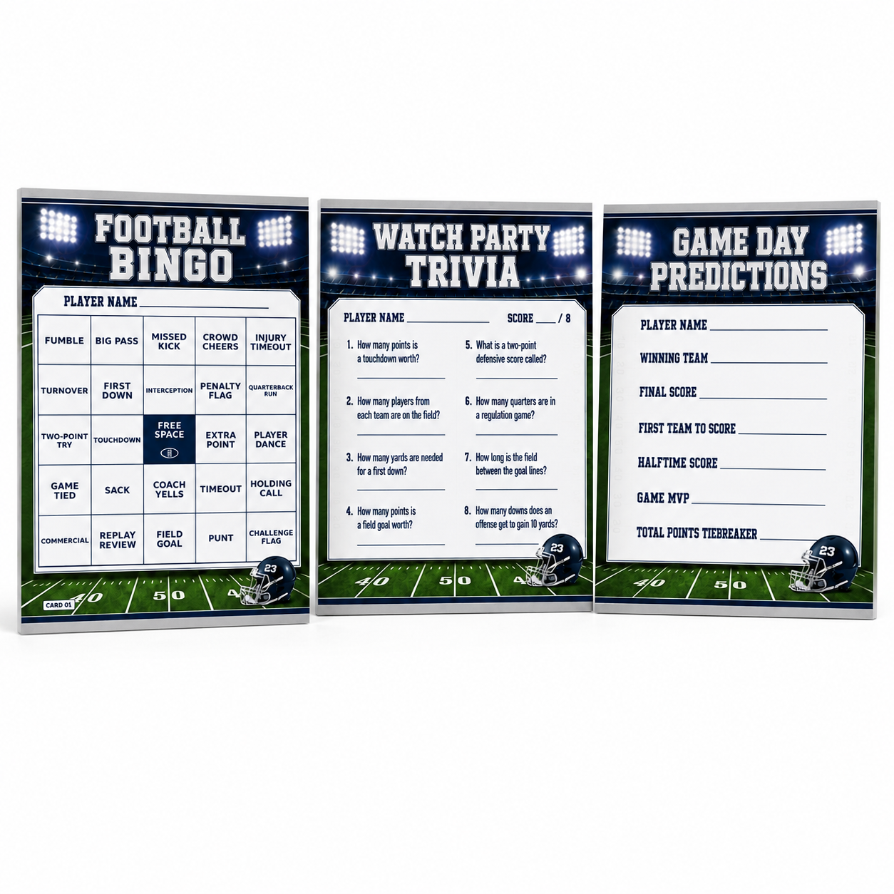 Three football-themed party game boards shown together on a white background: Football Bingo, Watch Party Trivia, and Game Day Predictions.