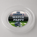 Personalized 7 inch clear football party plate with custom center design wording colors and helmet number