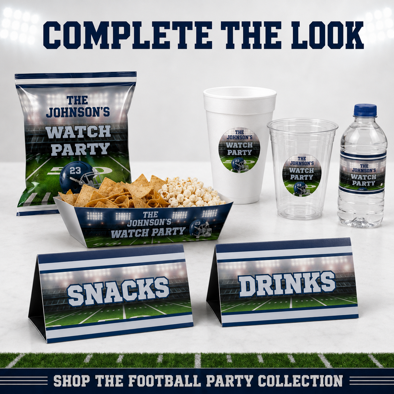 Coordinated football party collection featuring food table tents, chip bag, food tray, foam cup, flex cup and water bottle label.