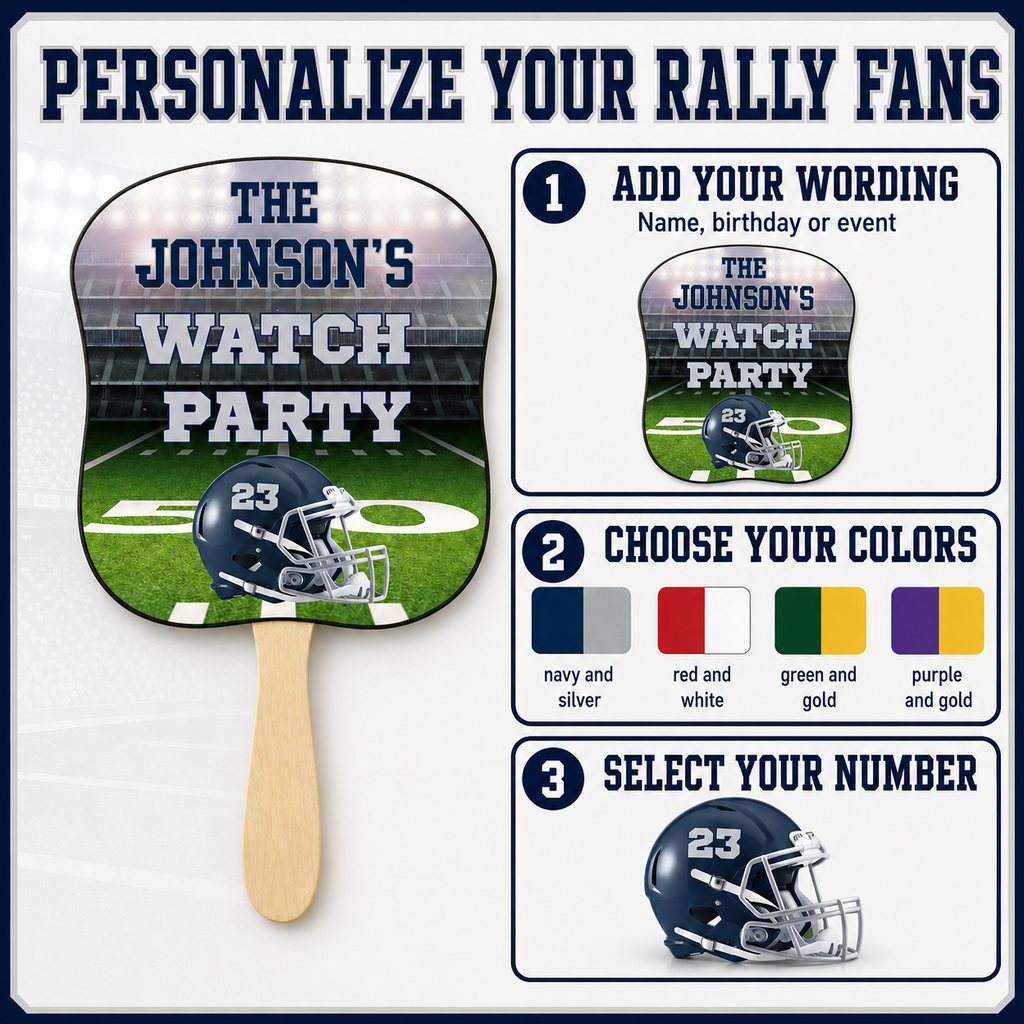 Custom football rally fan personalization options showing party wording team colors and selected helmet or jersey number