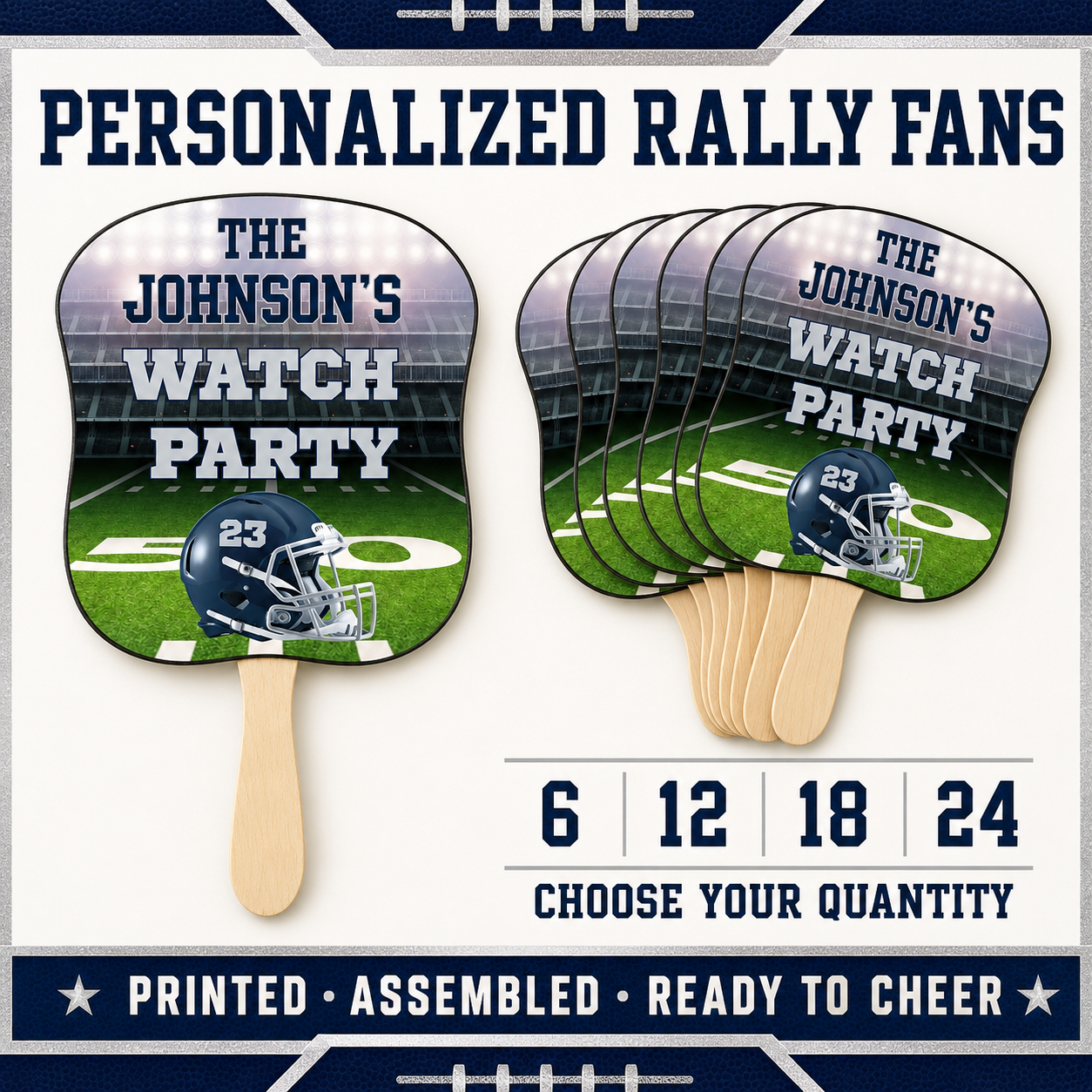 Personalized football rally fans available in quantities of 6 12 18 or 24 printed assembled and ready for game day parties