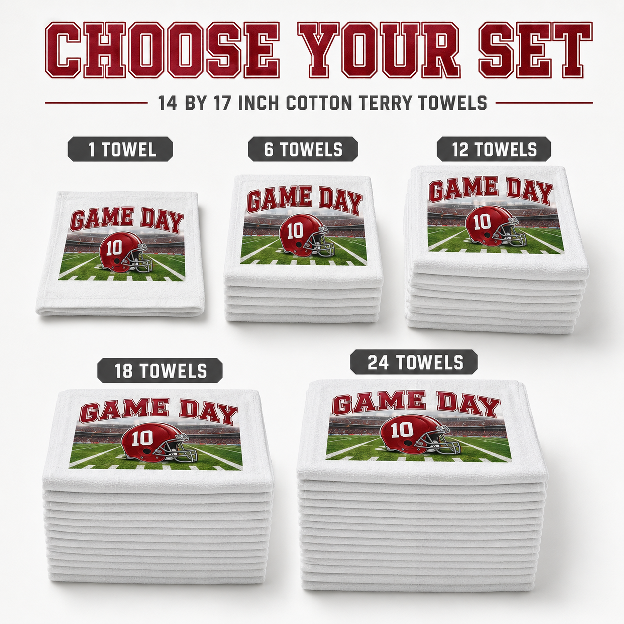 Personalized football rally towels available individually or in sets of six twelve eighteen or twenty-four.
