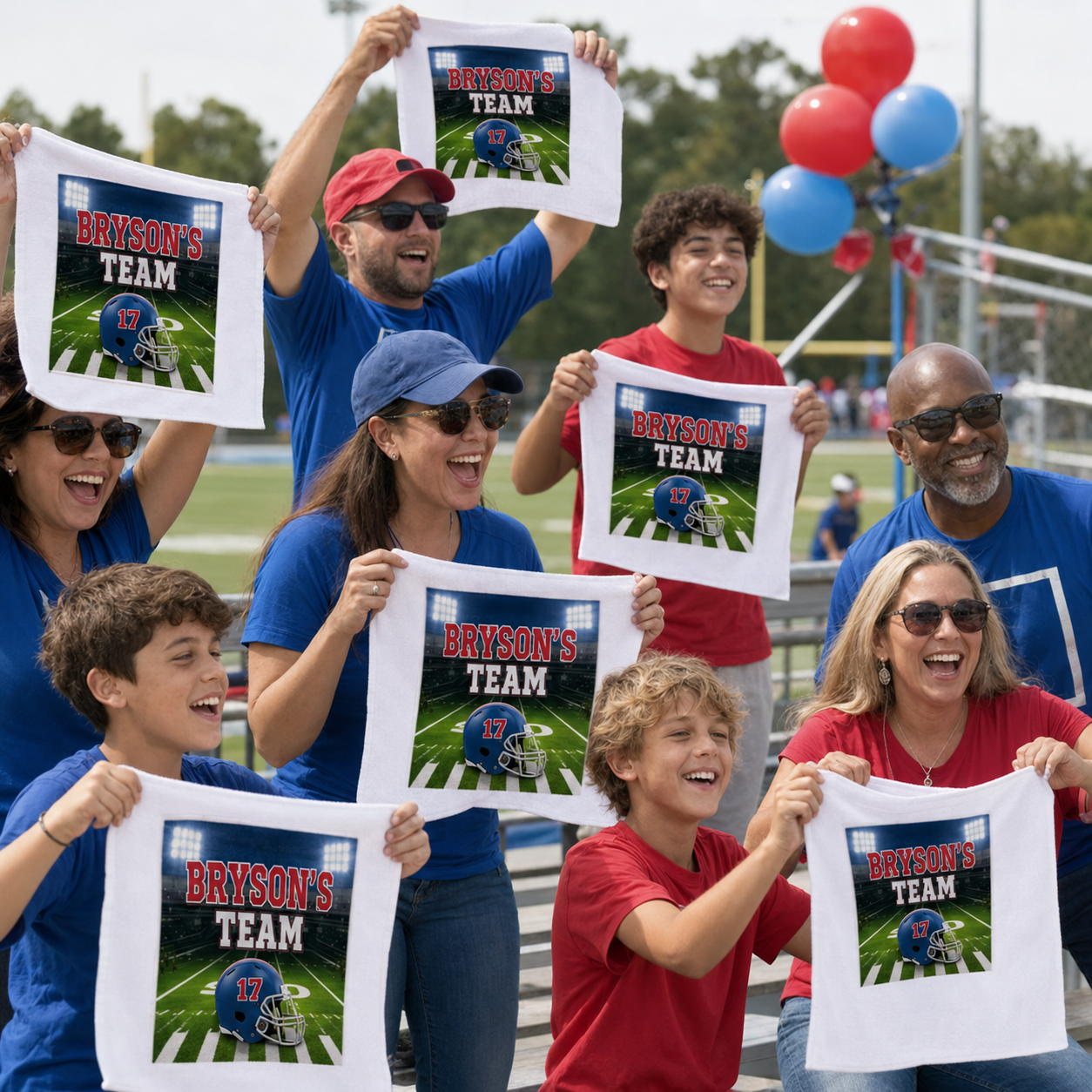 Families cheering with personalized royal blue and red football rally towels beside an outdoor football field.