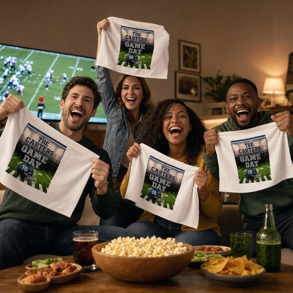 Guests cheering with personalized green and yellow football rally towels during a home watch party.