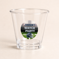 Personalized 2 oz clear plastic football shot glass with circular game day sticker and custom helmet number