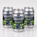 Three silver aluminum beverage cans with custom printed designs, featuring the text 'THE JOHNSON'S WATCH PARTY' over a football field background with a navy helmet graphic, arranged on a light gray reflective surface.