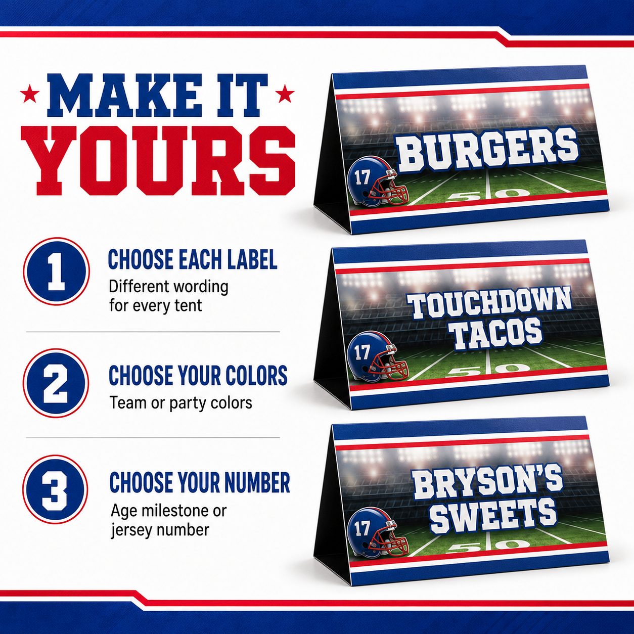 Four personalized football table tents labeled Snacks, Drinks, Sweets and Food with size, material and quantity information.