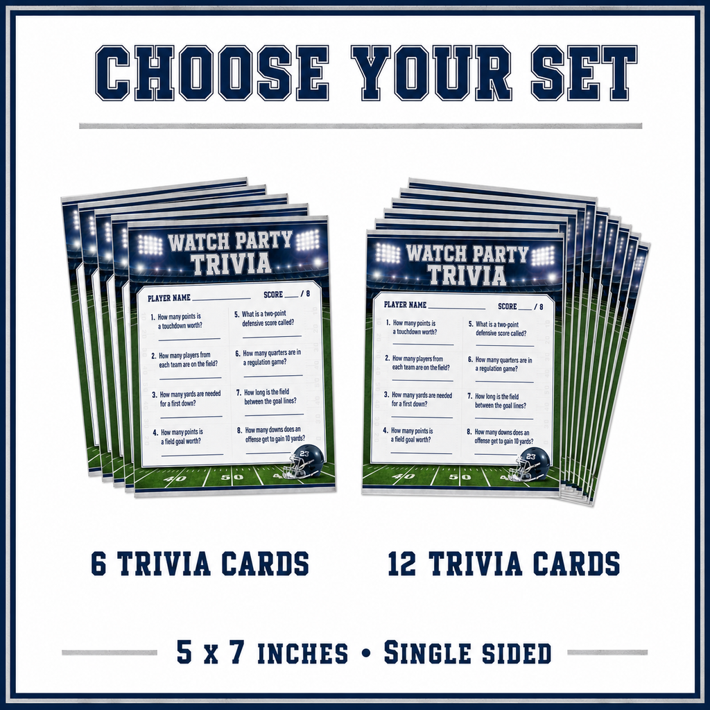 Single sided five by seven inch football trivia cards available in printed sets of six or twelve.