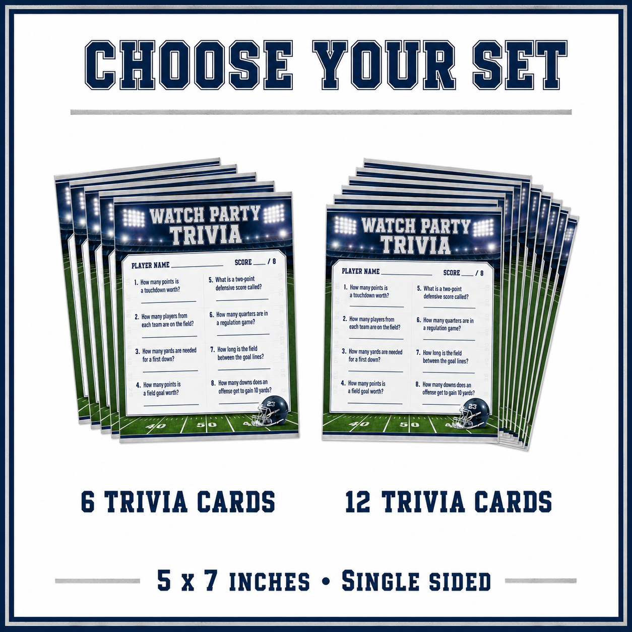 Single sided five by seven inch football trivia cards available in printed sets of six or twelve.