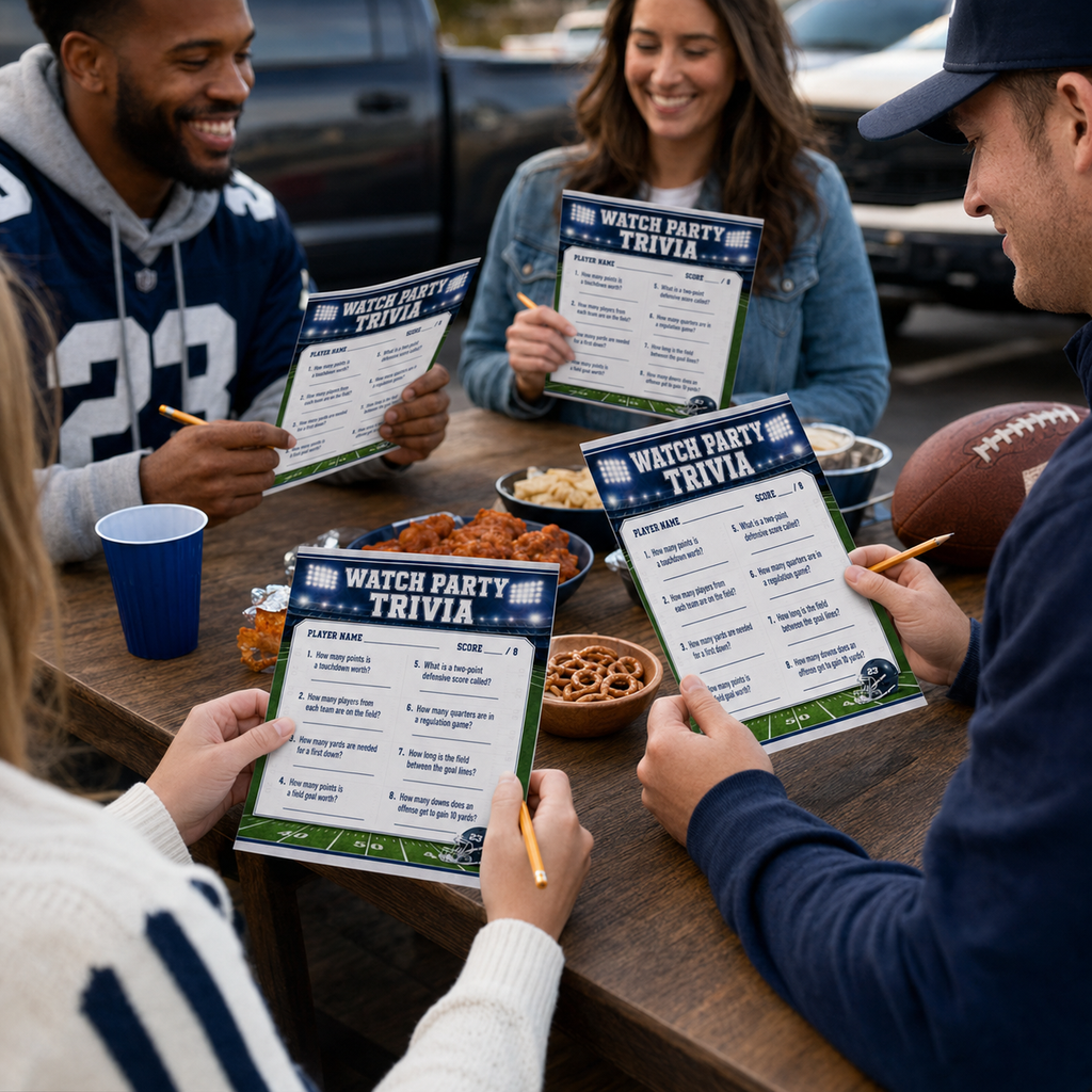 Football fans playing personalized watch party trivia around a tailgate table with game day snacks.