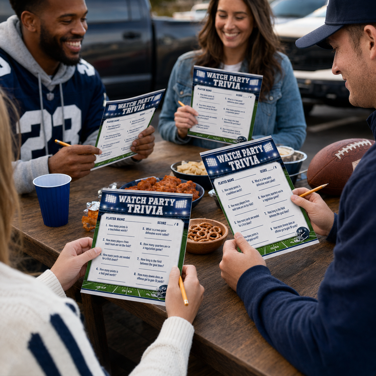 Football fans playing personalized watch party trivia around a tailgate table with game day snacks.