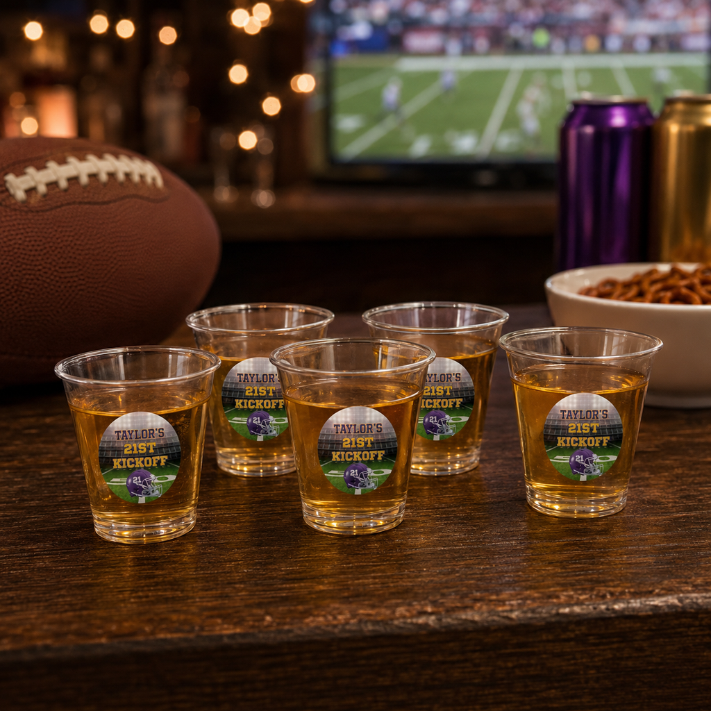 Purple and gold personalized plastic shot glasses for Taylors twenty first birthday football celebration
