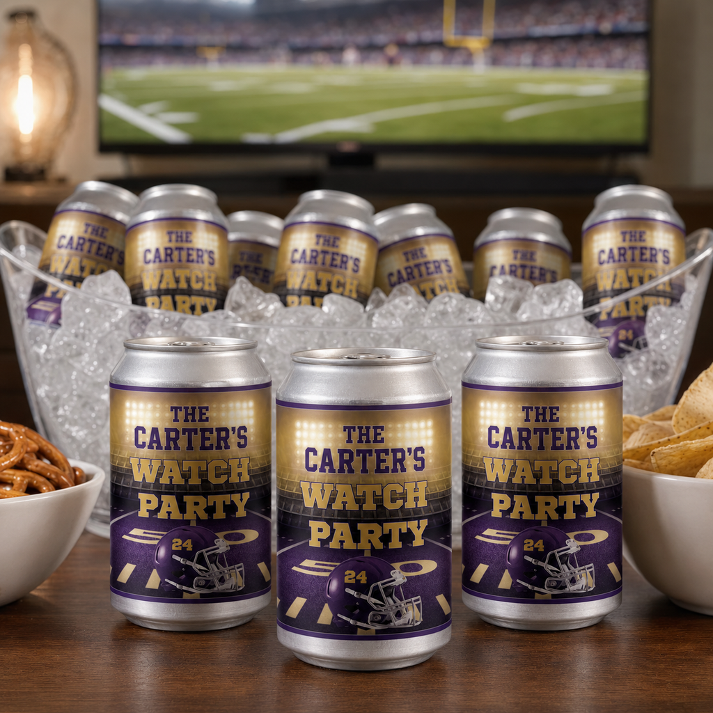 Purple and gold personalized football can labels arranged at a home watch party with Carter family wording and helmet number 24.