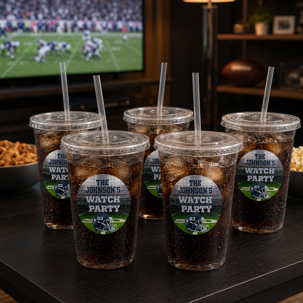 Personalized 16 oz clear football cups with lids and straws arranged for an adult watch party