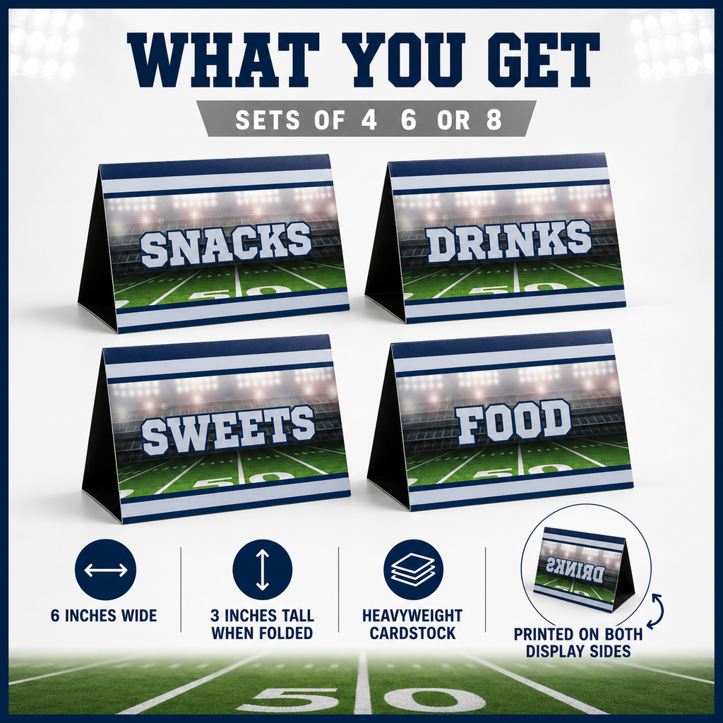 Promotional graphic for a set of folding table signs showing four options labeled Snacks, Drinks, Sweets, and Food. The signs have a football field background with stadium lights and are displayed on a white background with feature icons and text reading 'WHAT YOU GET' and 'SETS OF 4 6 OR 8'.