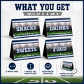 Promotional graphic for a set of folding table signs showing four options labeled Snacks, Drinks, Sweets, and Food. The signs have a football field background with stadium lights and are displayed on a white background with feature icons and text reading 'WHAT YOU GET' and 'SETS OF 4 6 OR 8'.