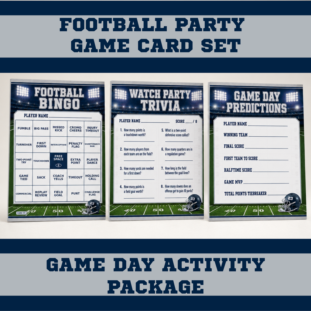 Football Bingo Watch Party Trivia and Game Day Prediction cards displayed together in a coordinated football party game set.
