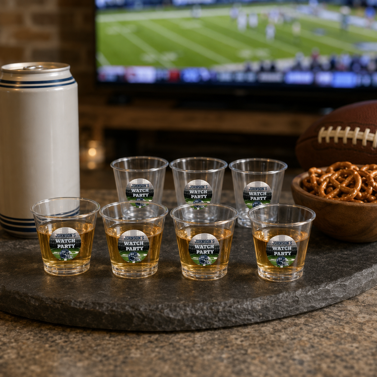 Personalized 2 oz plastic football shot glasses arranged with drinks for an adult game day watch party