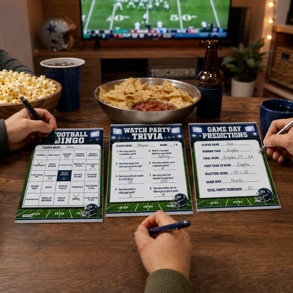 Three football-themed party game cards laid out on a wooden table: Football Bingo, Watch Party Trivia, and Game Day Predictions. Hands are visible writing on the cards, with snacks like popcorn and chips, a beer bottle, and a TV showing a football game in the background.