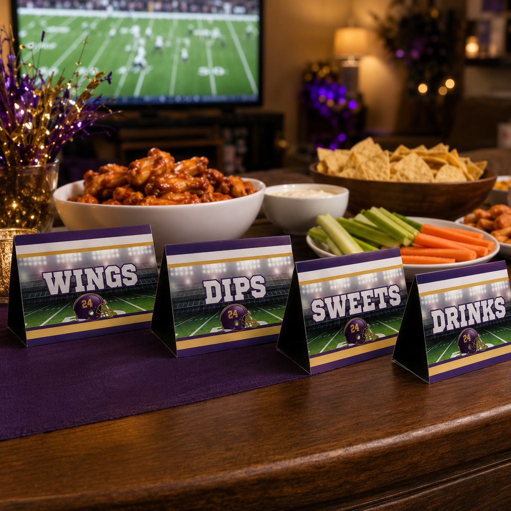 Purple and gold football table tents labeled Wings, Dips, Sweets and Drinks displayed at an adult game-day watch party.