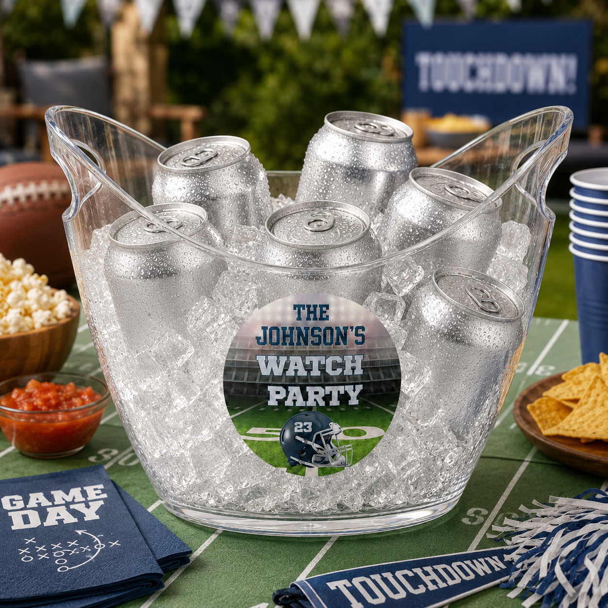 A clear plastic ice bucket filled with silver aluminum beverage cans, placed on a green football-field-themed table with snacks and football memorabilia around it. The center can features a personalized round sticker reading 'THE JOHNSON'S WATCH PARTY' with a football helmet graphic.