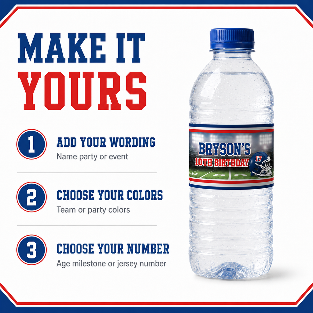 Custom water bottle label template graphic showing a clear plastic water bottle with a blue cap and a personalized football-themed label reading 'BRYSON'S 10TH BIRTHDAY.' Left side includes instructions: add your wording, choose colors, and choose your number.