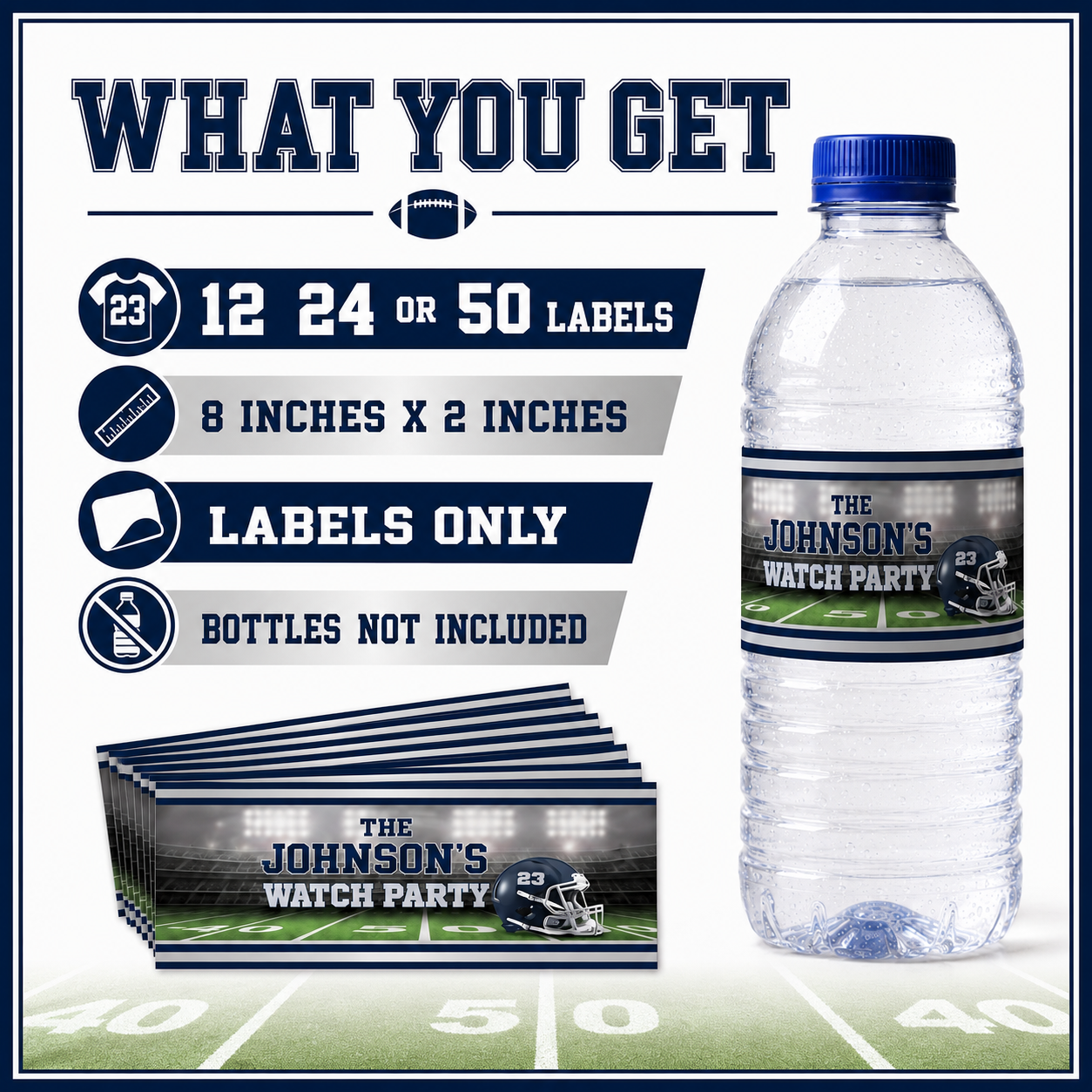 Personalized football water bottle labels available in sets of 12, 24 or 50 and sized 8 inches by 2 inches.