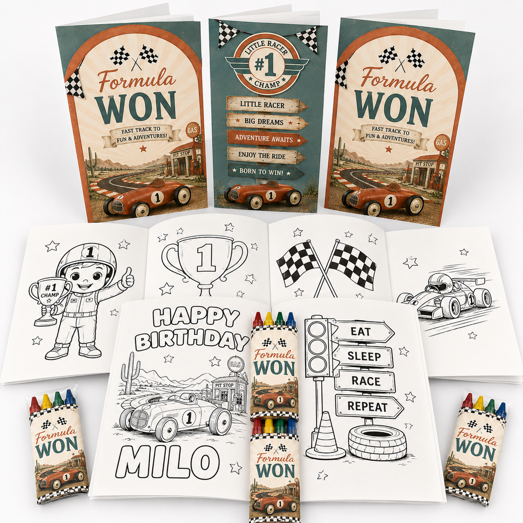 Personalized Formula WON birthday coloring book party favor set with custom front and back covers, race car themed coloring pages, coordinated 4-pack crayons, and personalized name for a first birthday celebration.