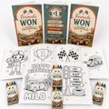 Personalized Formula WON birthday coloring book party favor set with custom front and back covers, race car themed coloring pages, coordinated 4-pack crayons, and personalized name for a first birthday celebration.