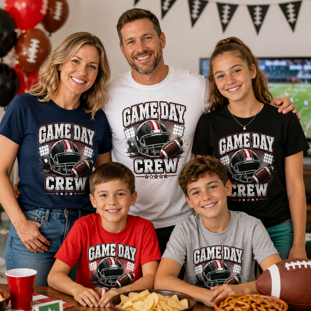 A family of five wearing matching 'Game Day Crew' graphic t-shirts in different colors (navy, white, black, red, gray) posed together in a festive, football-themed party setting with a football, chips, and a red cup on the table.