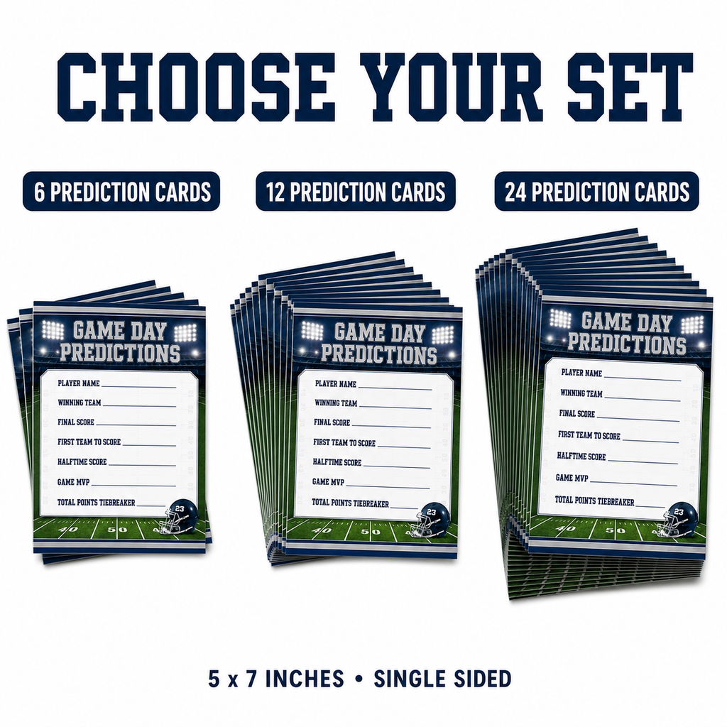 Three stacks of football-themed 'Game Day Predictions' cards shown in different quantities: 6, 12, and 24 prediction cards. The cards are dark green and navy blue with white text fields.