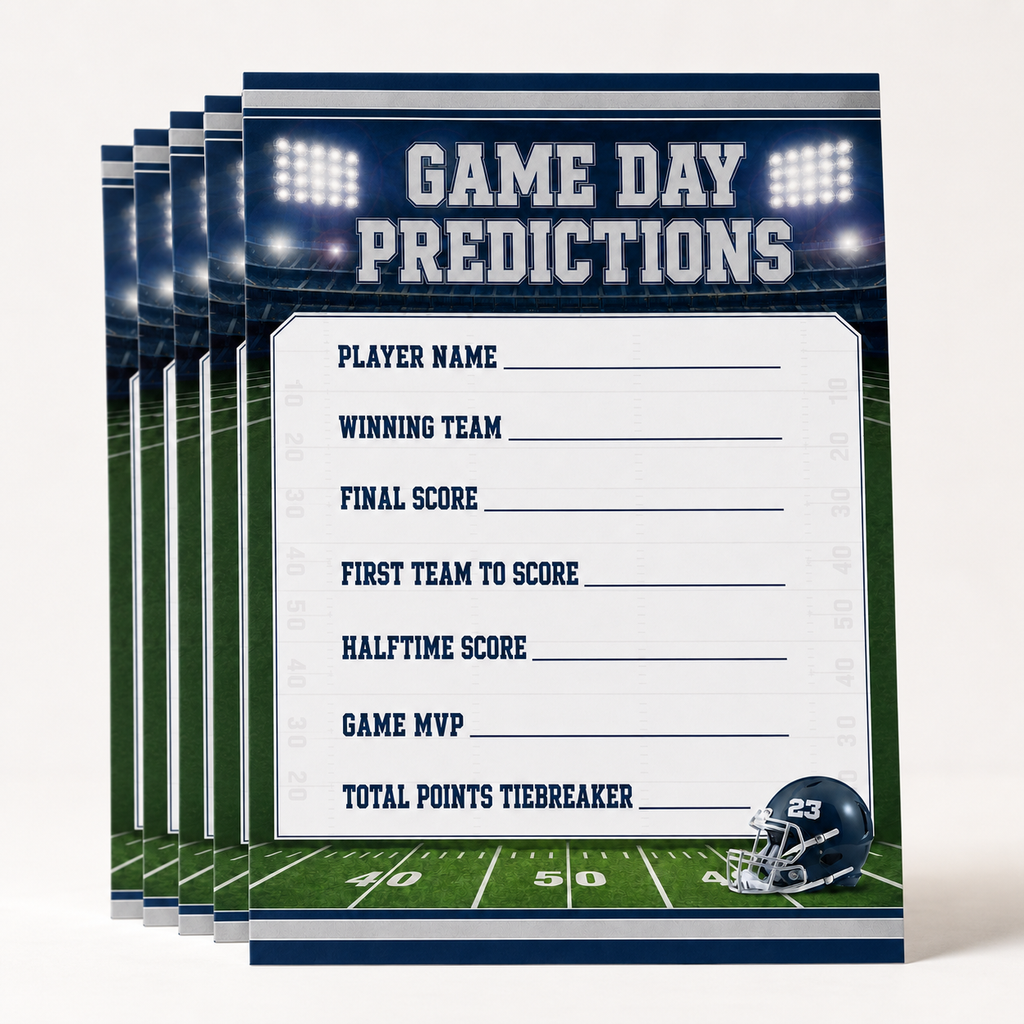 A stack of football-themed game day predictions cards shown on a light gray background. The top card features a white writing area with fields for player name, winning team, final score, first team to score, halftime score, game MVP, and total points tiebreaker, framed by a dark blue stadium and field graphic with a helmet illustration.