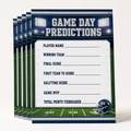 A stack of football-themed game day predictions cards shown on a light gray background. The top card features a white writing area with fields for player name, winning team, final score, first team to score, halftime score, game MVP, and total points tiebreaker, framed by a dark blue stadium and field graphic with a helmet illustration.