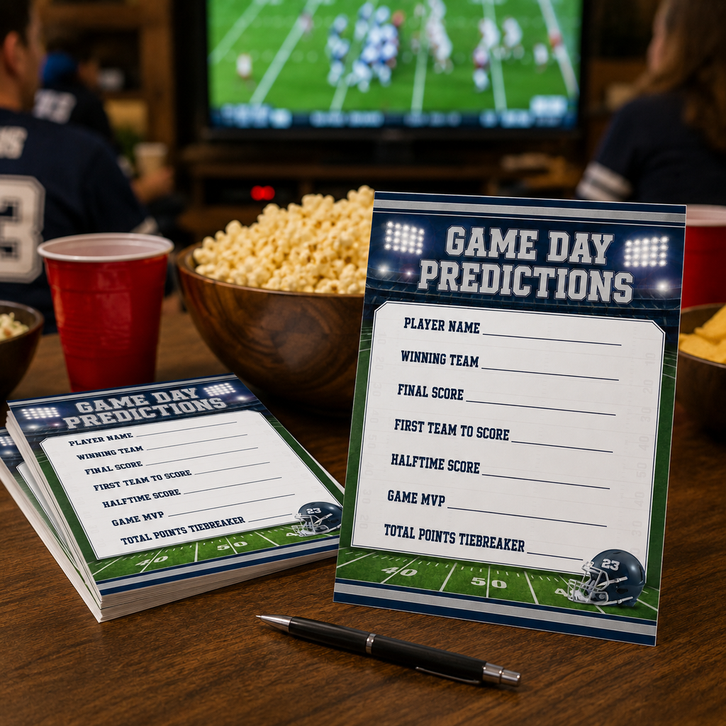 A set of football-themed game day predictions cards displayed on a wooden table in a bar or lounge setting, with popcorn, red cups, and a TV in the background.
