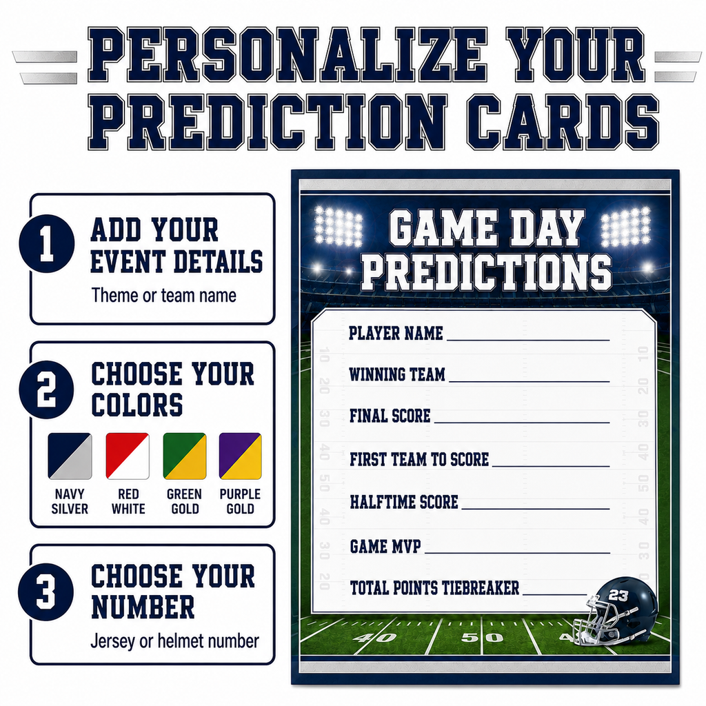 Customizable football prediction cards shown on a white background with instructions. The main card design features navy blue and white text reading 'GAME DAY PREDICTIONS' with fields for player name, winning team, final score, first team to score, halftime score, game MVP, and total points tiebreaker.