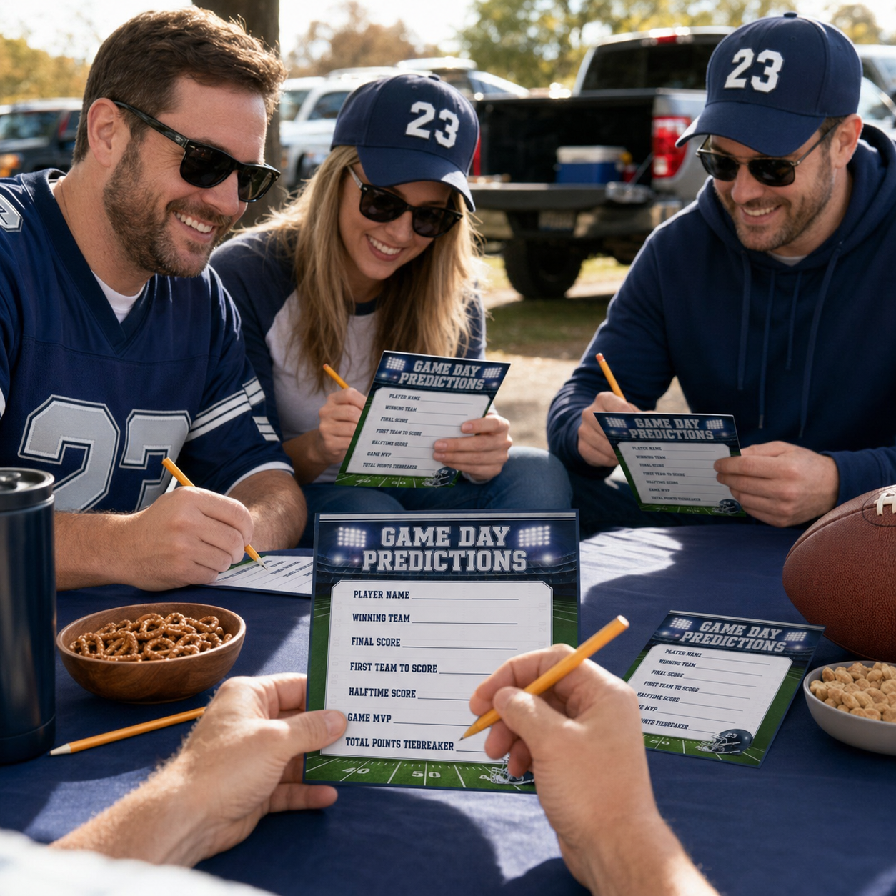 Three people sitting outdoors at a table wearing matching navy blue football jerseys and caps with the number 23, each holding a 'Game Day Predictions' card and pencil. A football, pretzels, and drinks are on the table in a casual outdoor setting.