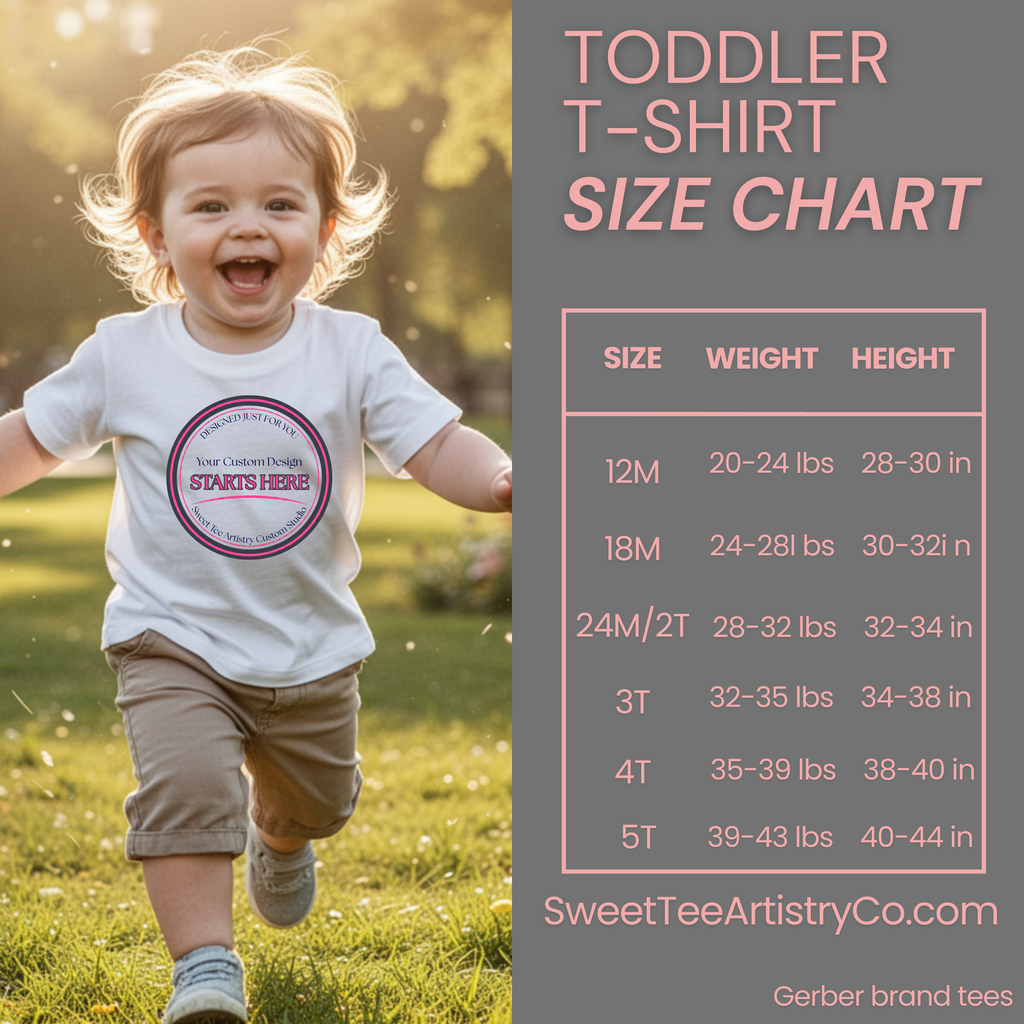 This toddler t-shirt size chart shows Gerber brand sizing from 12M through 5T, including weight in pounds and height in inches to help parents choose the correct fit. Designed for our custom birthday shirts and personalized toddler party apparel, this guide ensures accurate sizing before production. Always reference measurements when ordering custom toddler shirts for events, milestones, or themed celebrations.