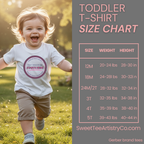 This toddler t-shirt size chart shows Gerber brand sizing from 12M through 5T, including weight in pounds and height in inches to help parents choose the correct fit. Designed for our custom birthday shirts and personalized toddler party apparel, this guide ensures accurate sizing before production. Always reference measurements when ordering custom toddler shirts for events, milestones, or themed celebrations.