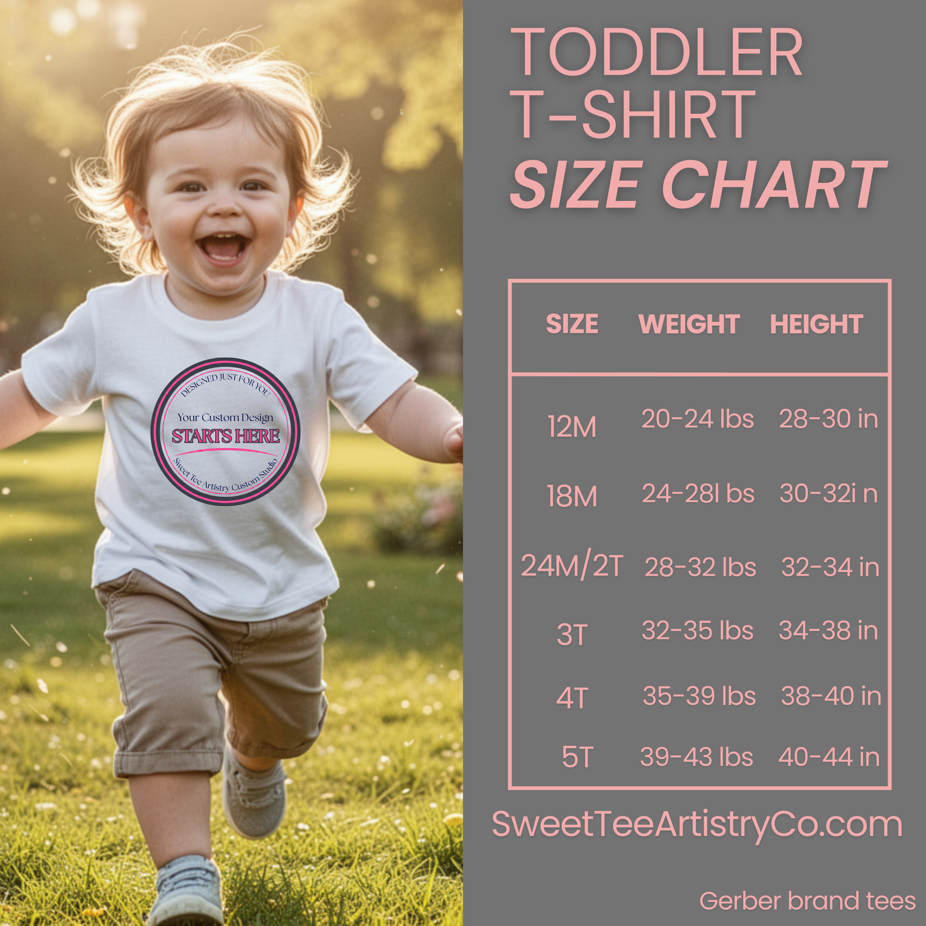 This toddler t-shirt size chart shows Gerber brand sizing from 12M through 5T, including weight in pounds and height in inches to help parents choose the correct fit. Designed for our custom birthday shirts and personalized toddler party apparel, this guide ensures accurate sizing before production. Always reference measurements when ordering custom toddler shirts for events, milestones, or themed celebrations.