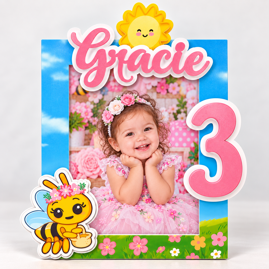Personalized third birthday photo frame for Gracie with number three, layered cardstock flowers, bee and sunshine details for a sweet birthday display.