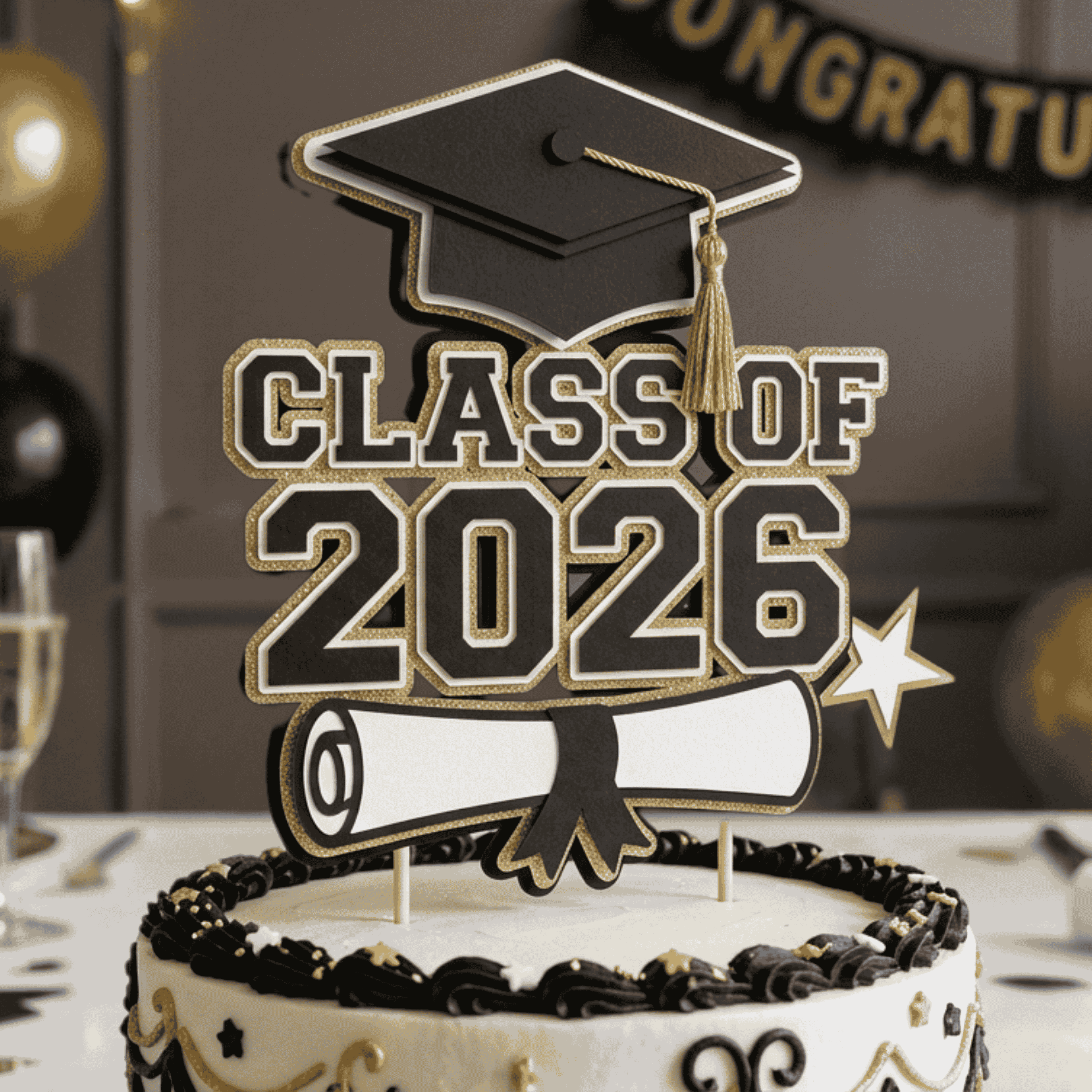 Graduation cake topper featuring class of 2026 black gold diploma and graduation cap made from layered cardstock handmade graduation party decoration