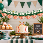 Personalized Draft Pick 1 baseball photo banner in green displayed above a baseball birthday cake table with green balloons cupcakes and baseball party decorations