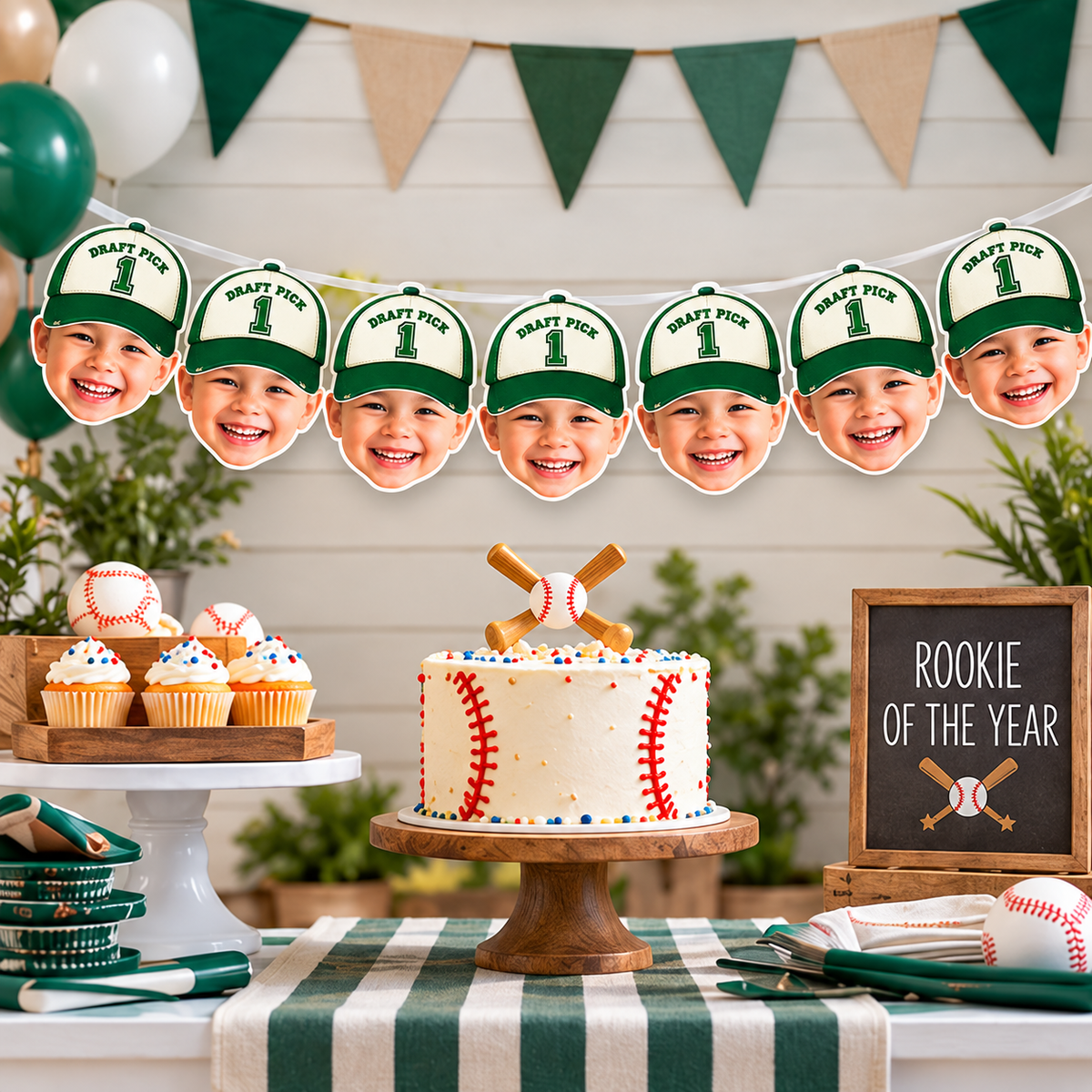 Personalized Draft Pick 1 baseball photo banner in green displayed above a baseball birthday cake table with green balloons cupcakes and baseball party decorations
